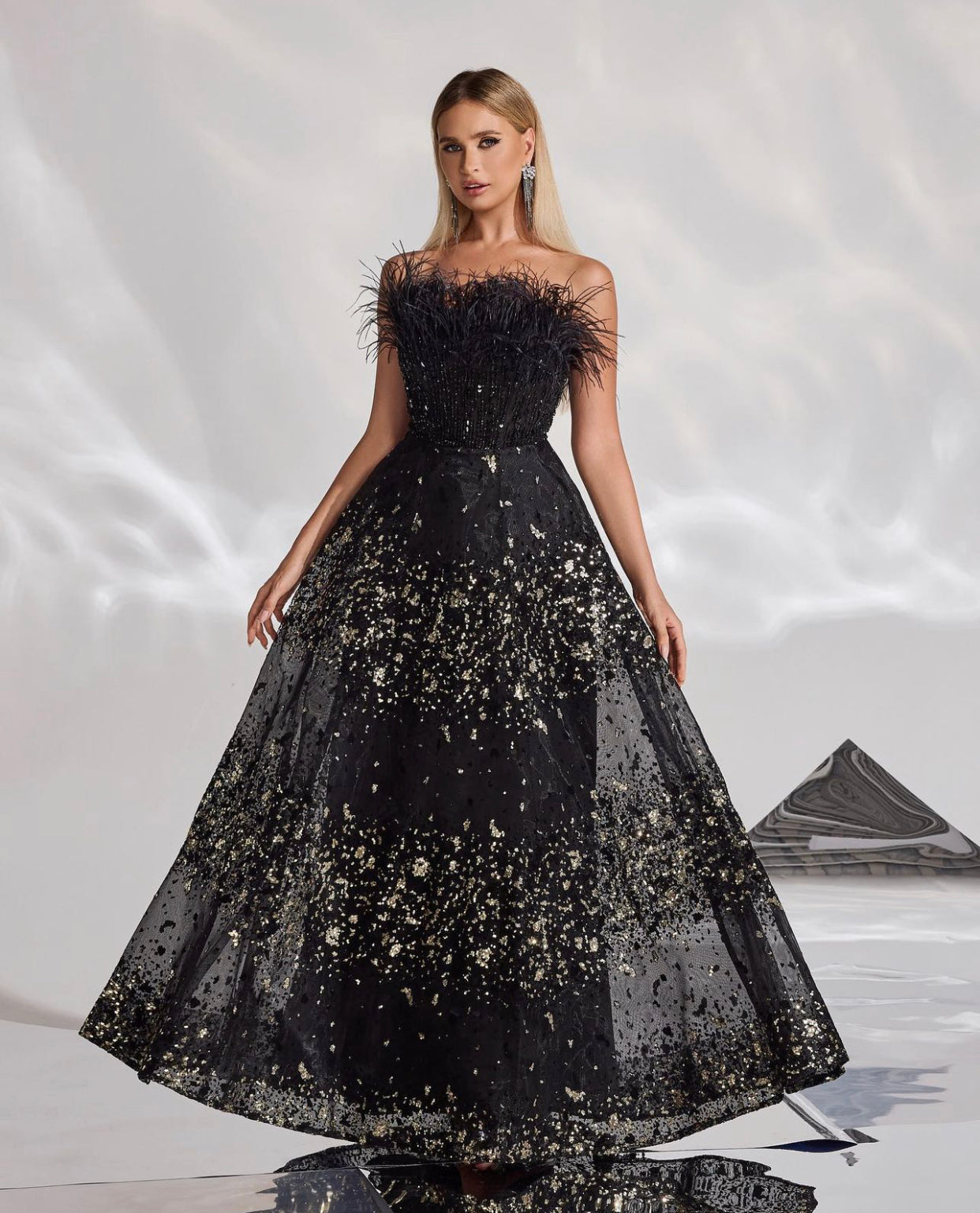 Black feather ball gown best sale