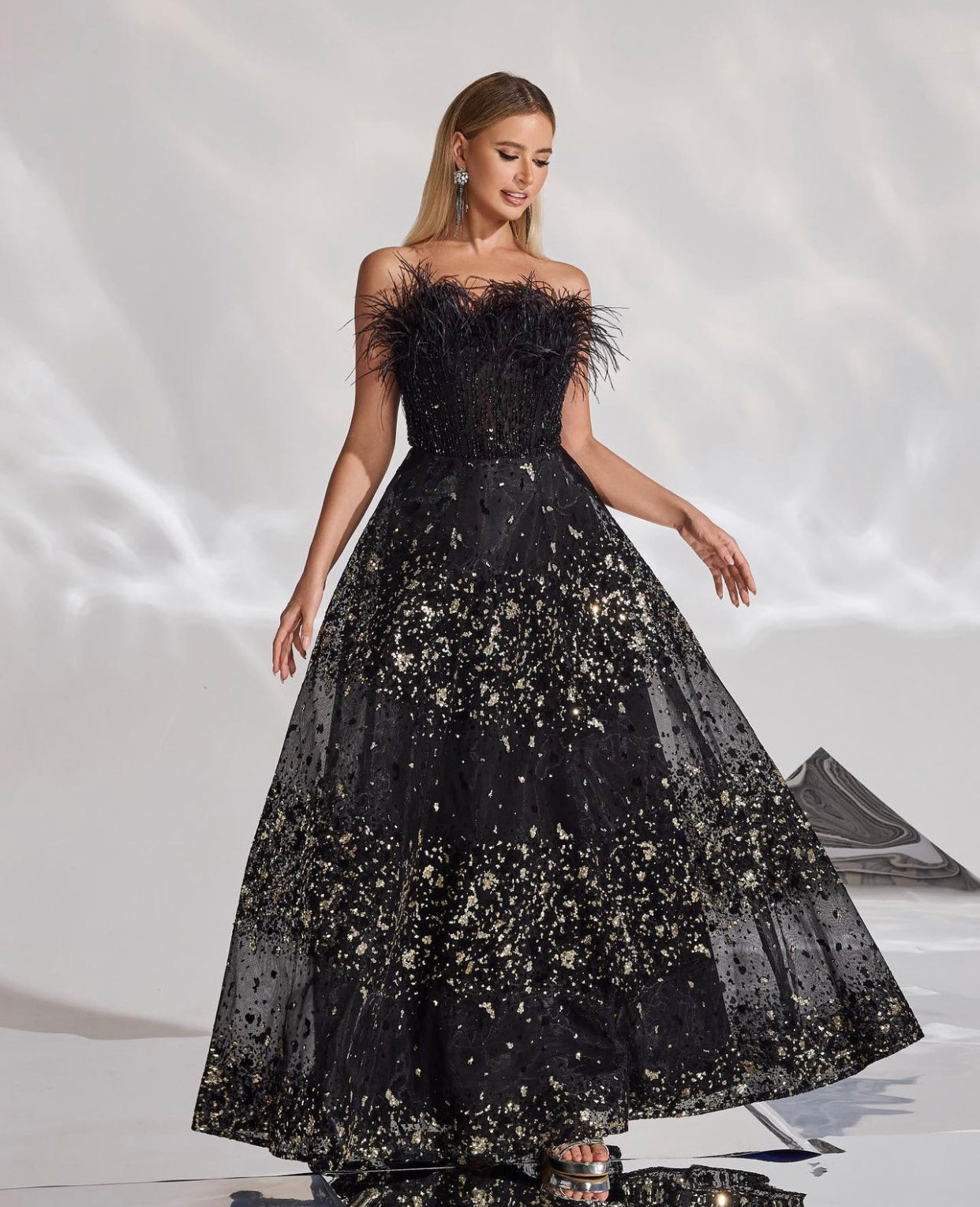 Elegant Black Sequin Maxi Dress with Feather