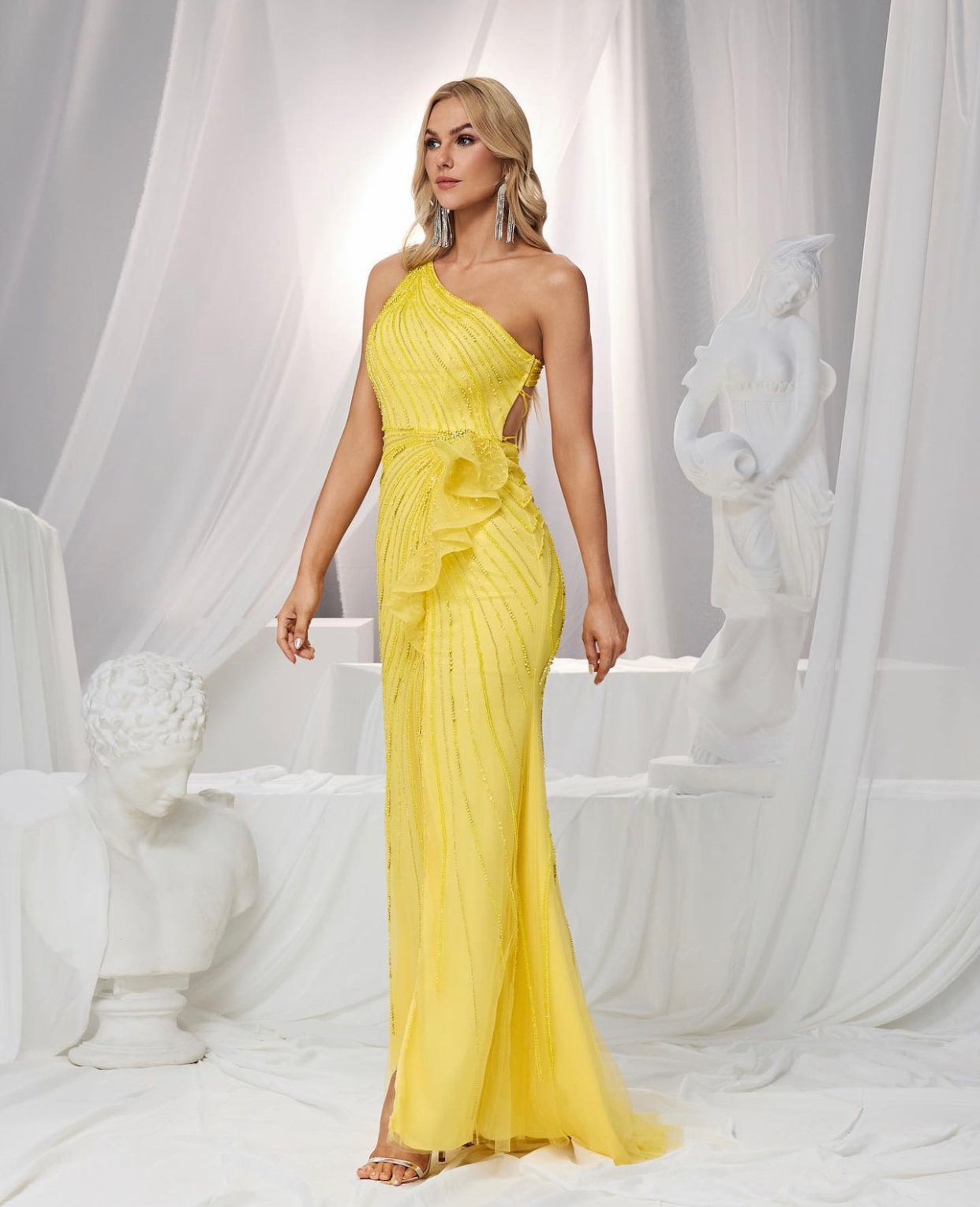 Yellow Beaded Evening Dress with Side Slit | Elegant Gown for Special Occasions