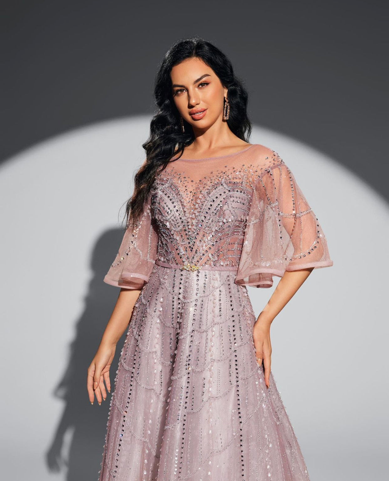 Naaz Luxury Beading Embelished Gown With Flare Sleeves Mscooco.co.uk