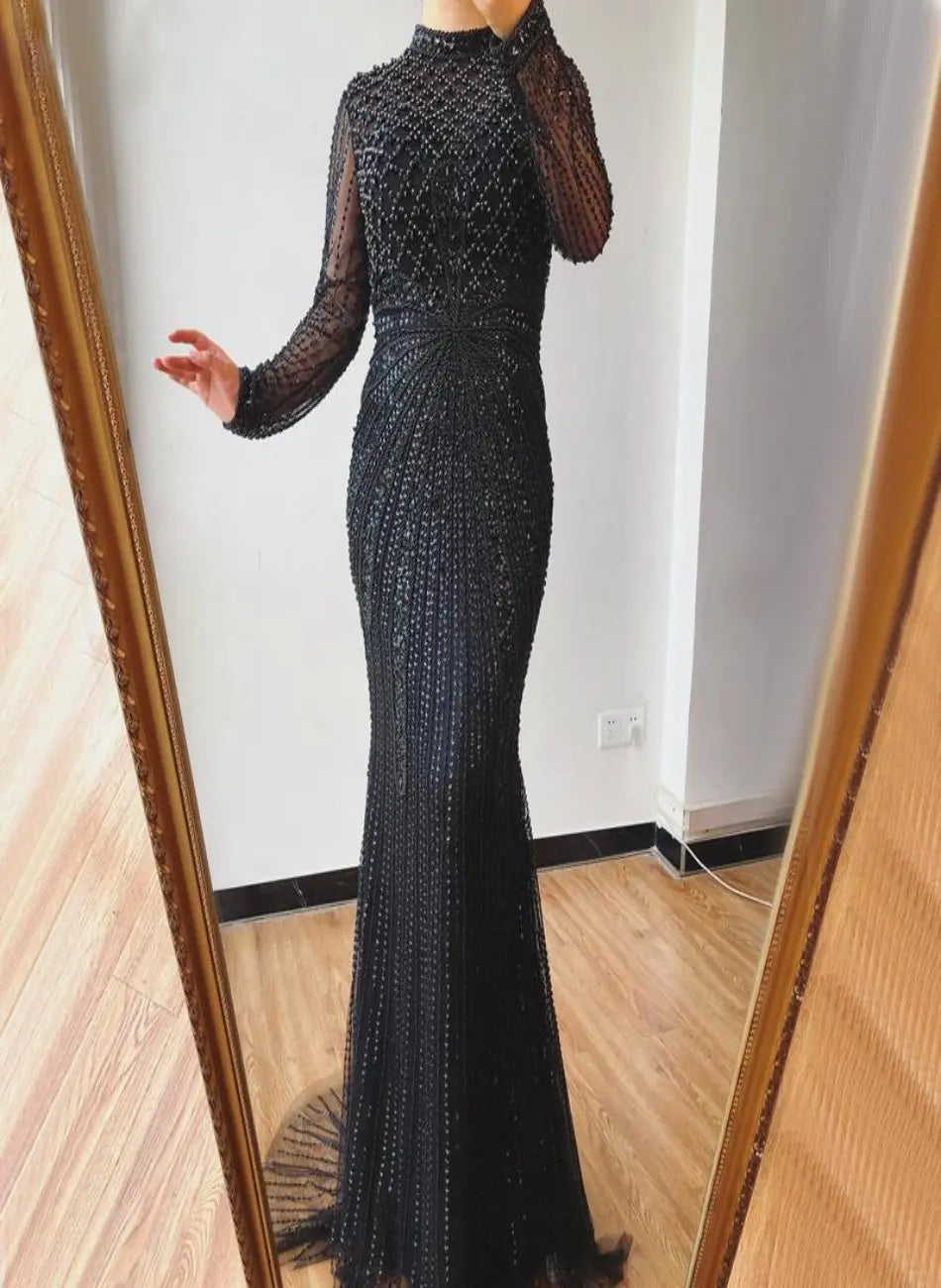 Florence - Beaded Long Dress In Black Mscooco.co.uk