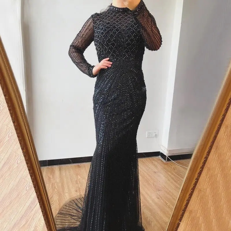 Florence - Beaded Long Dress In Black Mscooco.co.uk