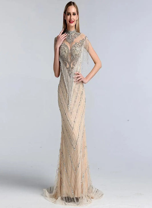 Lorraine Luxury Beading Tassel Evening Dress Mscooco.co.uk