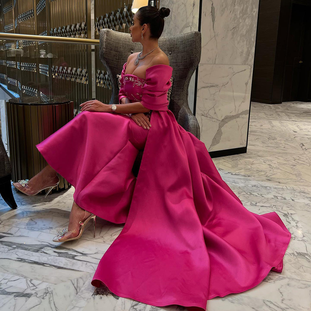 GINA Fuchsia Luxury Prom Dress with Cape Shawl