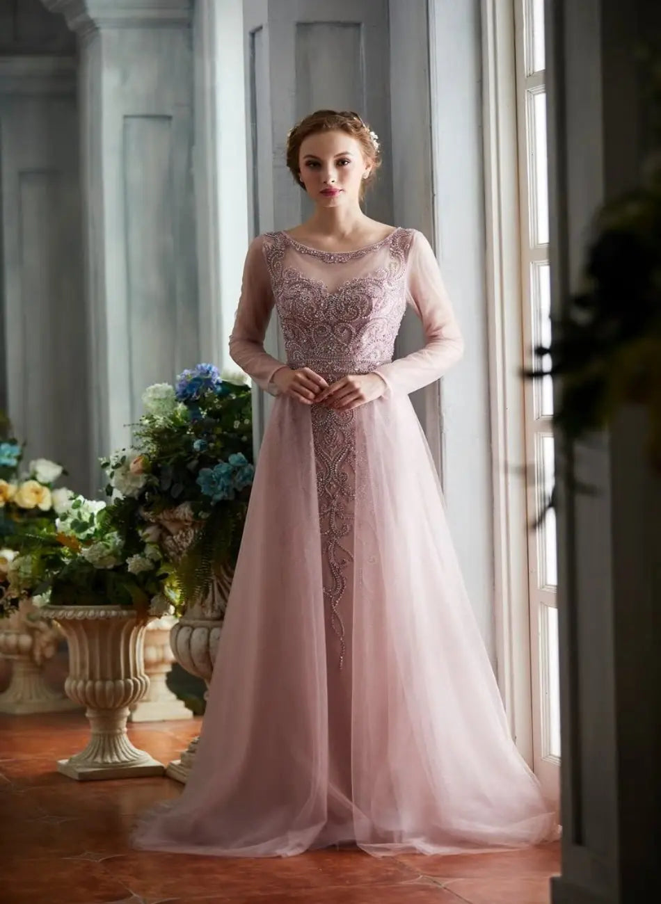 Elegant O-Neck Beading Full Sleeves A-Line Prom Gowns - MSCOOCO