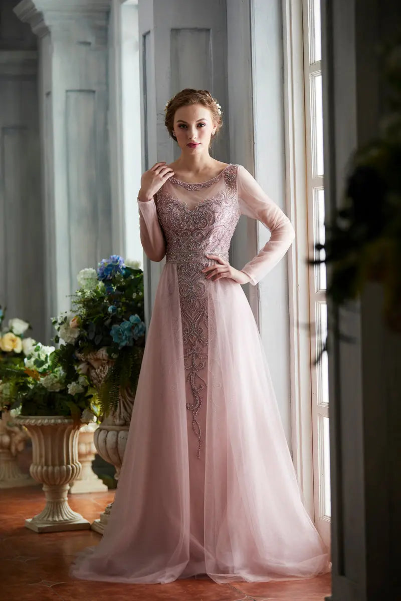 Elegant O-Neck Beading Full Sleeves A-Line Prom Gowns - MSCOOCO