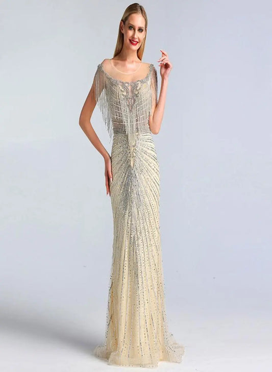 Sanam Luxury Beading Tassel Evening Dress Mscooco.co.uk