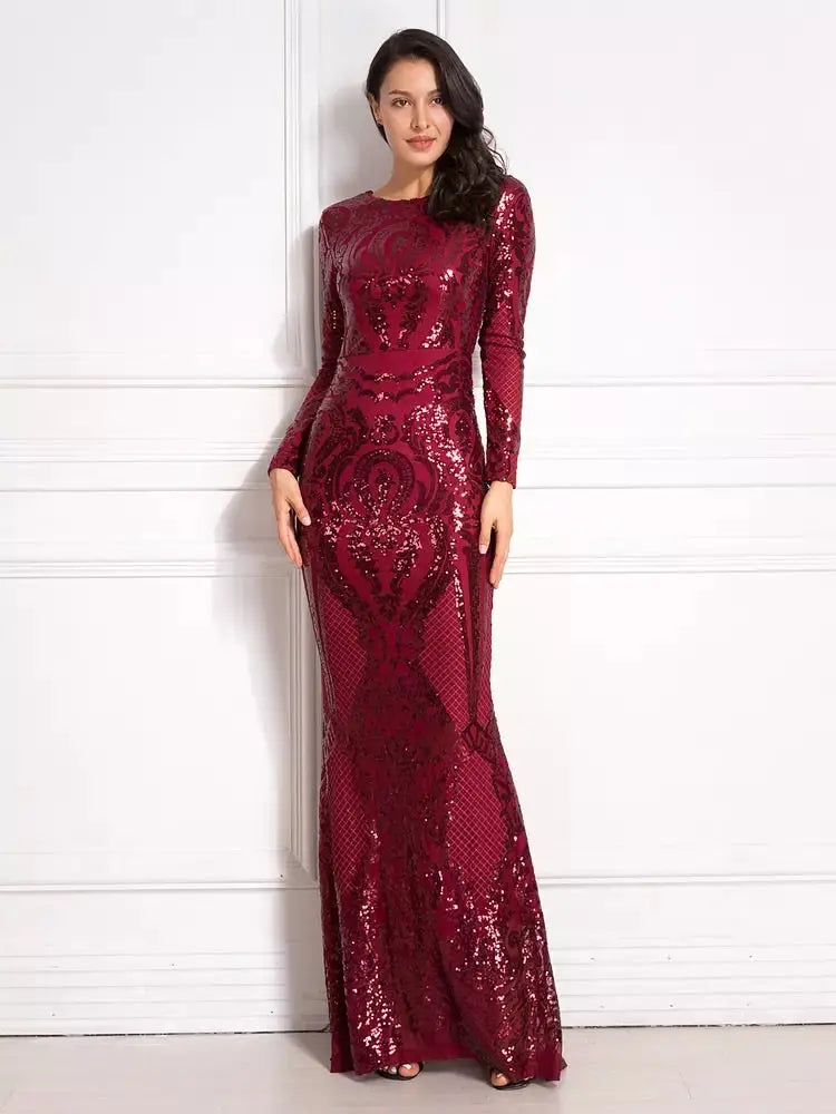 Sarah - Burgundy Sequined Maxi Dress Mscooco.co.uk