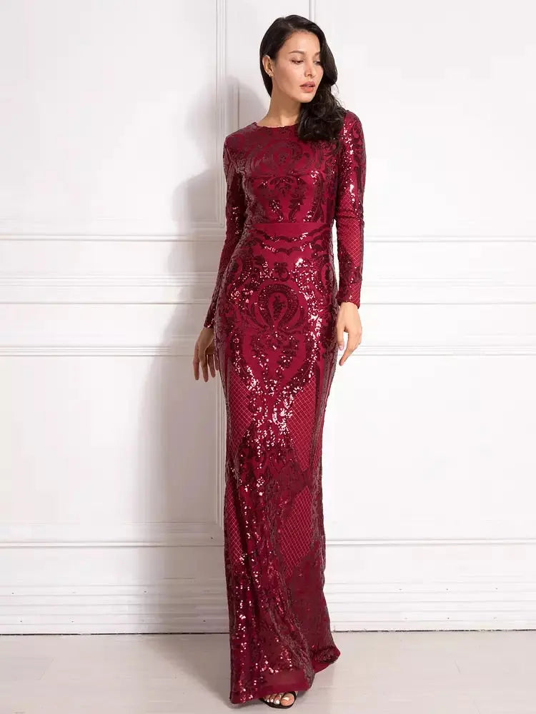 Sarah - Burgundy Sequined Maxi Dress Mscooco.co.uk