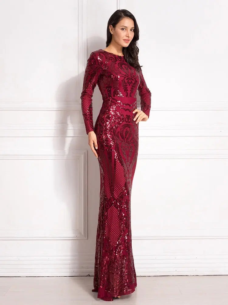 Sarah - Burgundy Sequined Maxi Dress Mscooco.co.uk