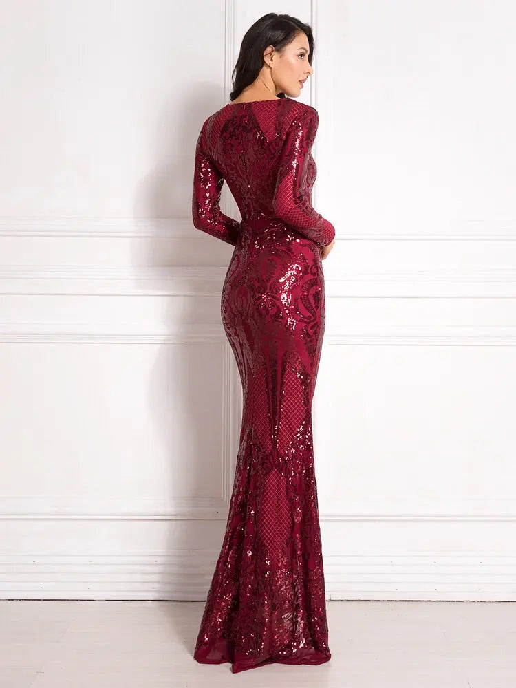 Sarah - Burgundy Sequined Maxi Dress Mscooco.co.uk