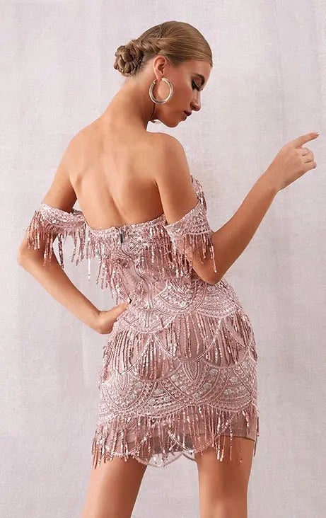 Rose sequin tassel cold shoulder detail midi on sale dress