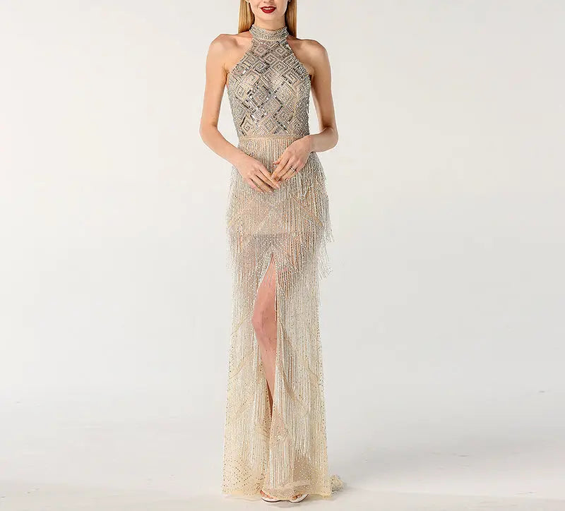 Mermaid Tassel Luxury Halter Rhinestones Evening Dress - MSCOOCO