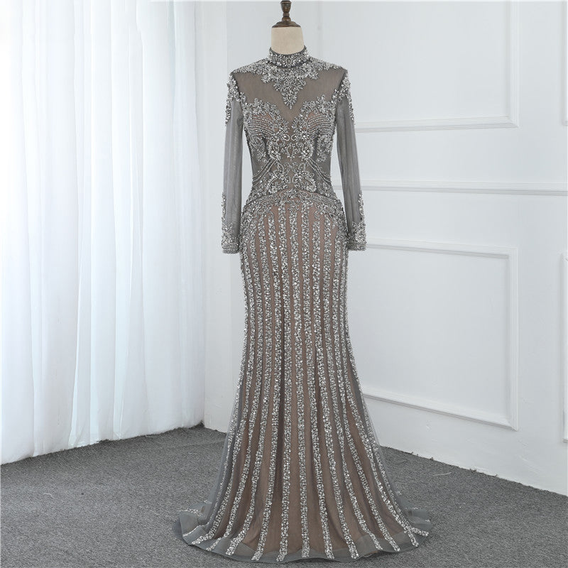 Luxury Long Sleeves Mermaid Diamond Sequined Sparkly Evening Gown - MSCOOCO