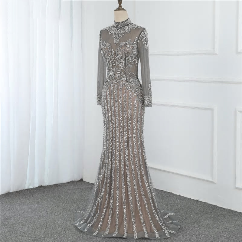 Luxury Long Sleeves Mermaid Diamond Sequined Sparkly Evening Gown - MSCOOCO