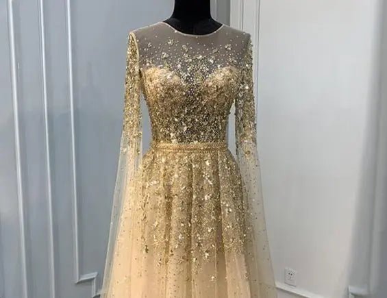 Long gold cocktail outlet dress