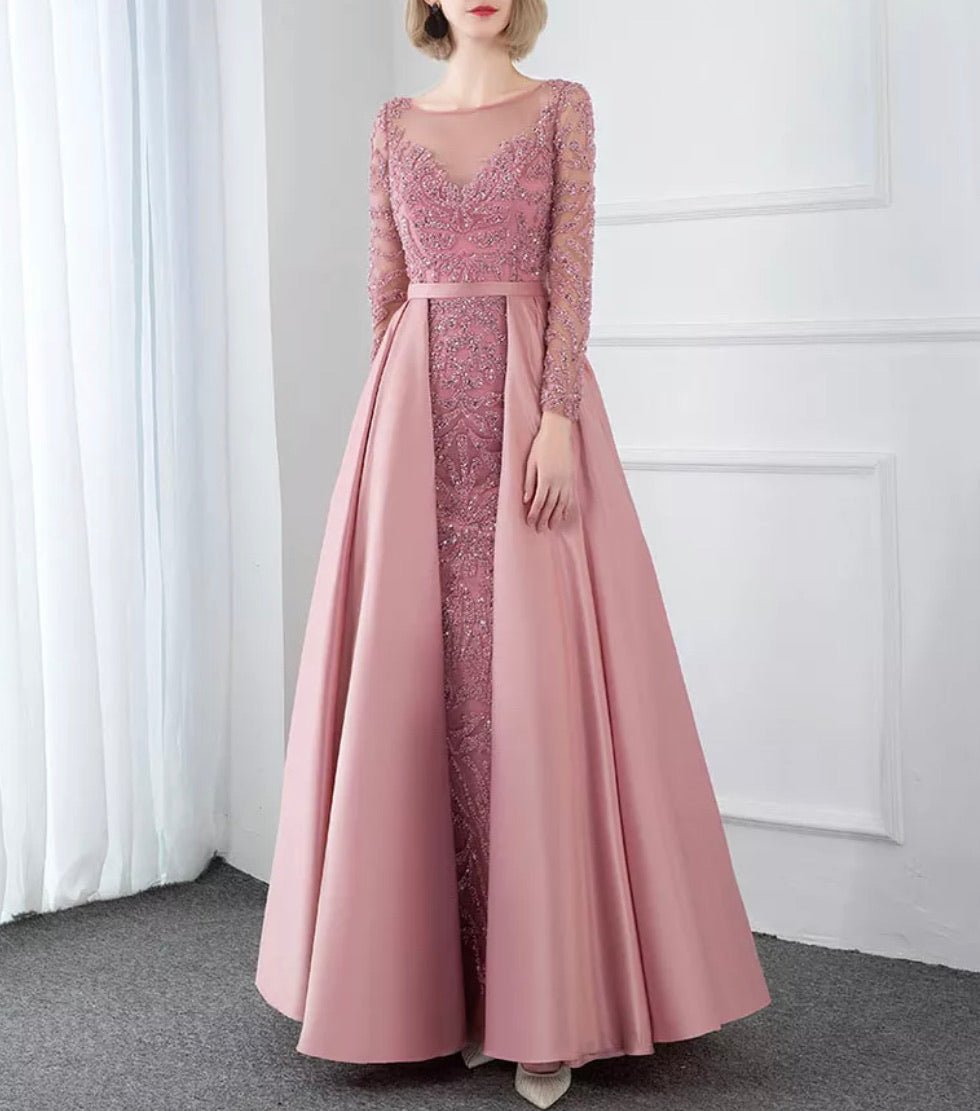 Long sleeve best sale pink evening gown