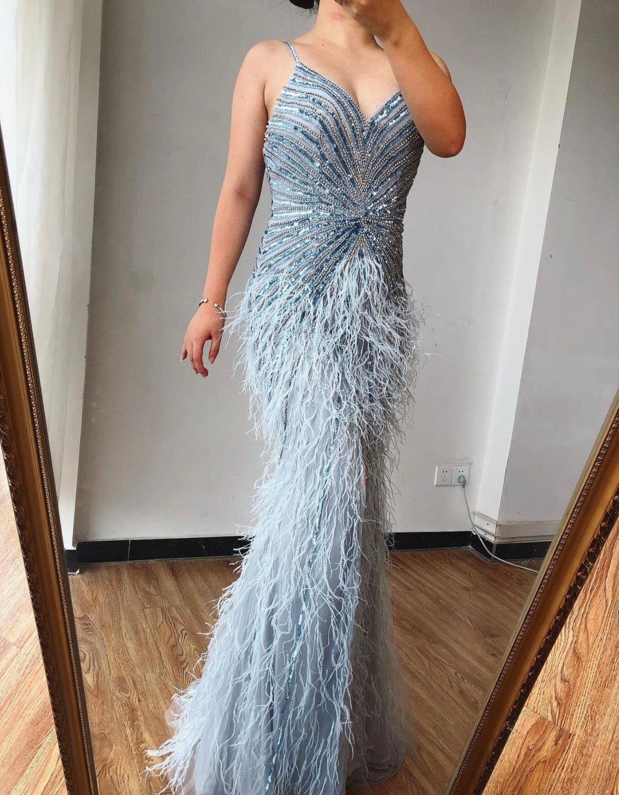 Evening gowns outlet with feathers