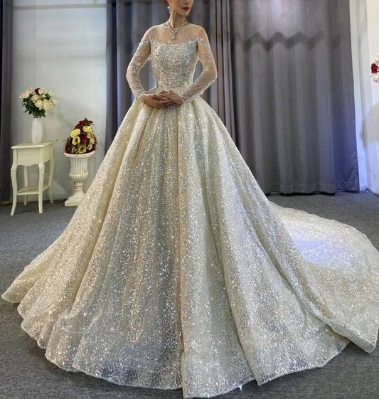 Beading Work With Long Sleeves Bridal Dress - Mscooco.co.uk