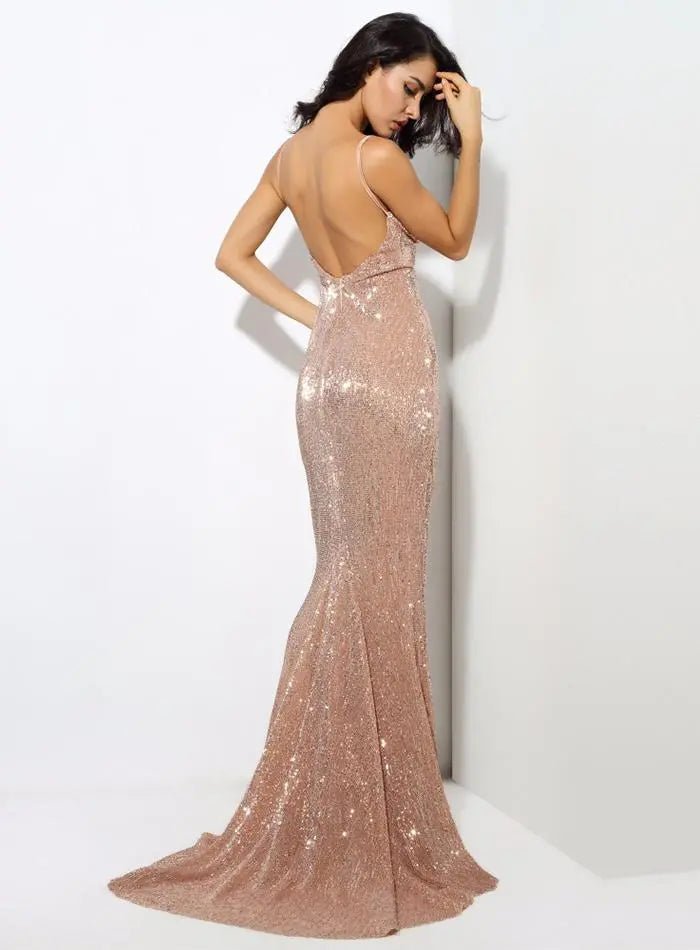 Champagne Sequin V Collar Exposed Back Long Dress - Mscooco.co.uk