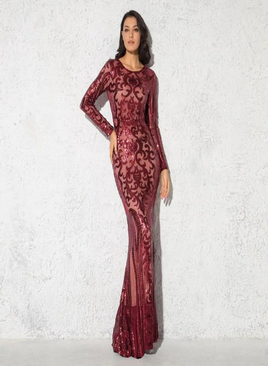 Elegant Vestido Full Sleeved Sequined Maxi Dress - Mscooco.co.uk