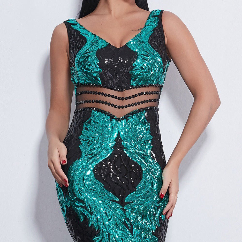 Emerald Sequin Sleeveless Maxi Dress - Mscooco.co.uk