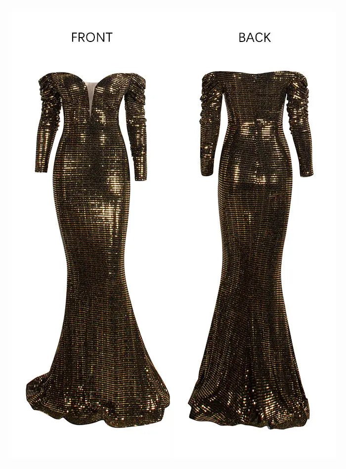 Gold Sequins Composite Bubble Long Sleeve Bodycon Maxi Dress - Mscooco.co.uk