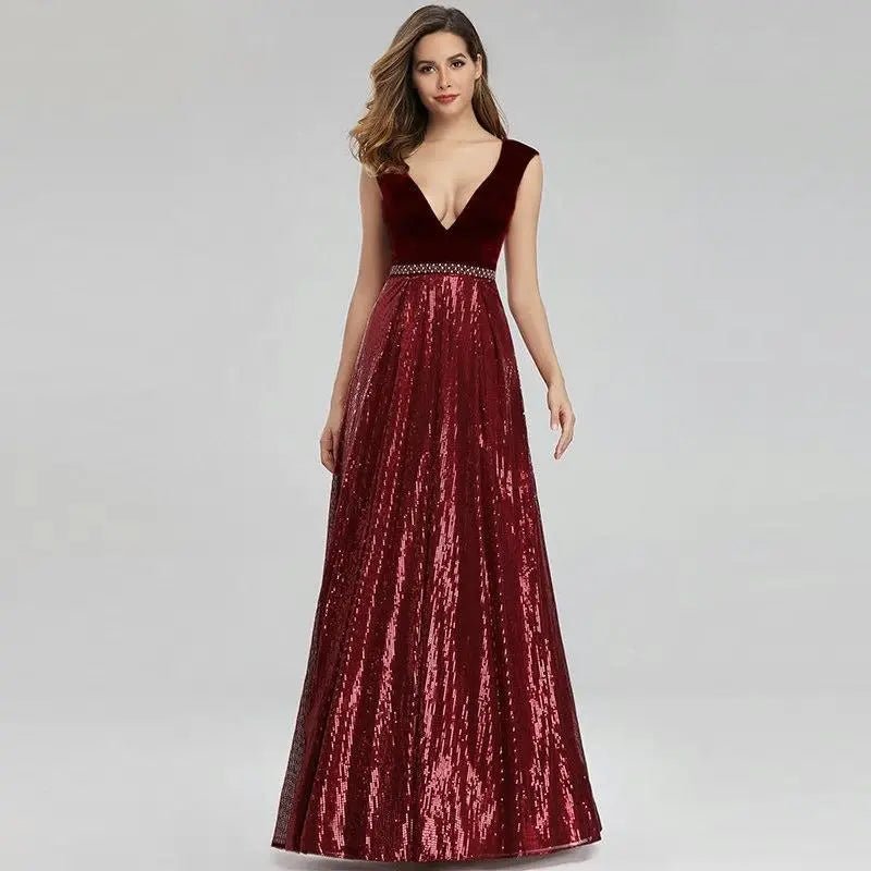 Isidora Burgundy Elegant Beading Sequin Gown - Mscooco.co.uk