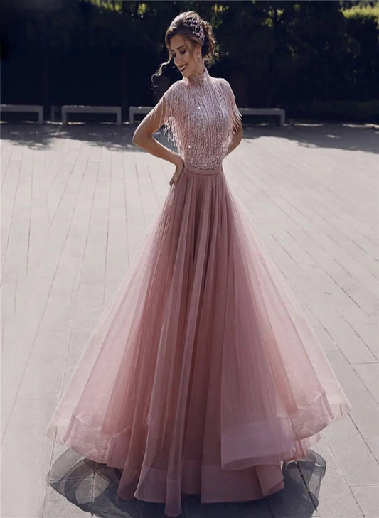 Maria - Pink Tassel Beading Evening Dress - Mscooco.co.uk