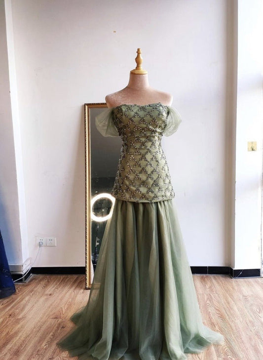 Mirra Olive Green Diamond Off Shoulder Evening Dress - Mscooco.co.uk