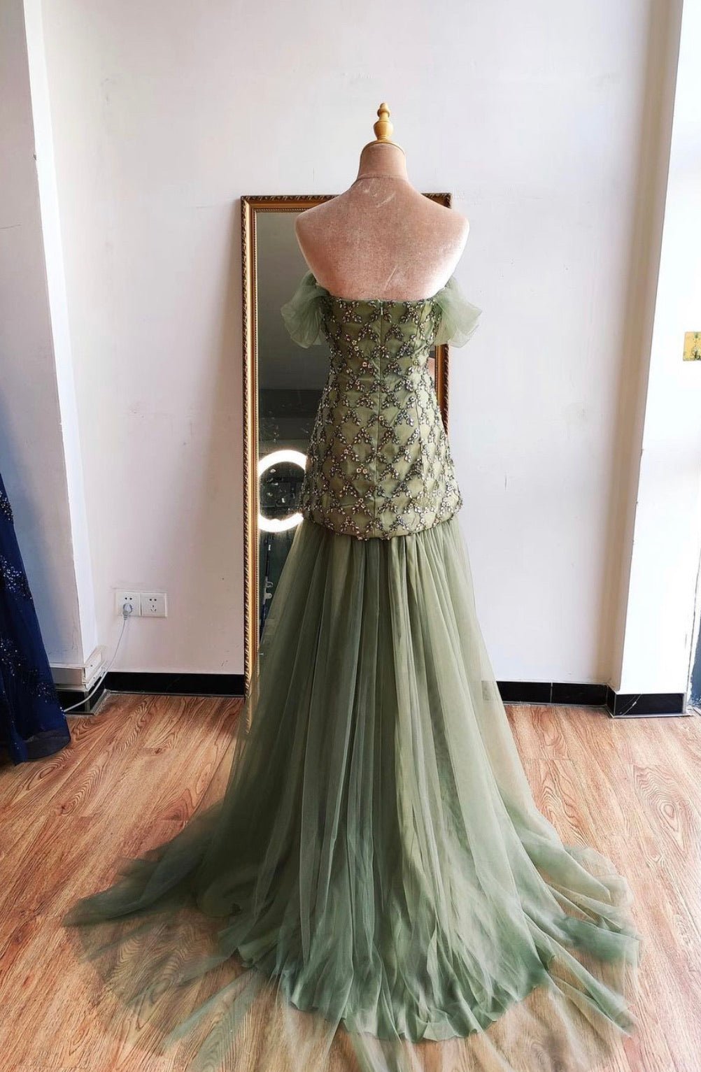 Mirra Olive Green Diamond Off Shoulder Evening Dress - Mscooco.co.uk