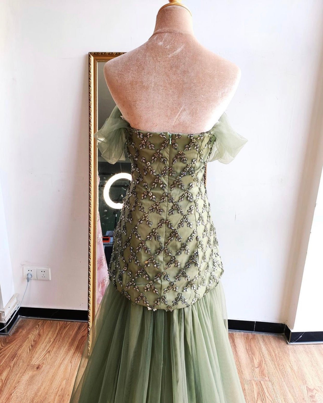 Mirra Olive Green Diamond Off Shoulder Evening Dress - Mscooco.co.uk