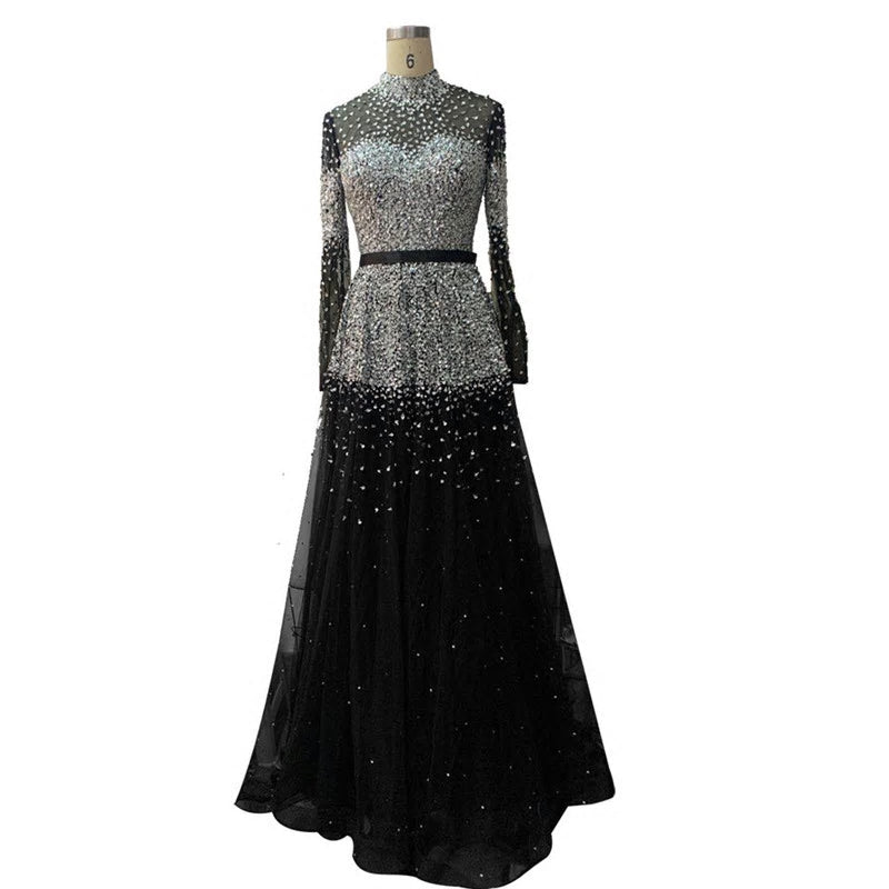 Novaah - High Collar Beaded Evening Dress - Mscooco.co.uk