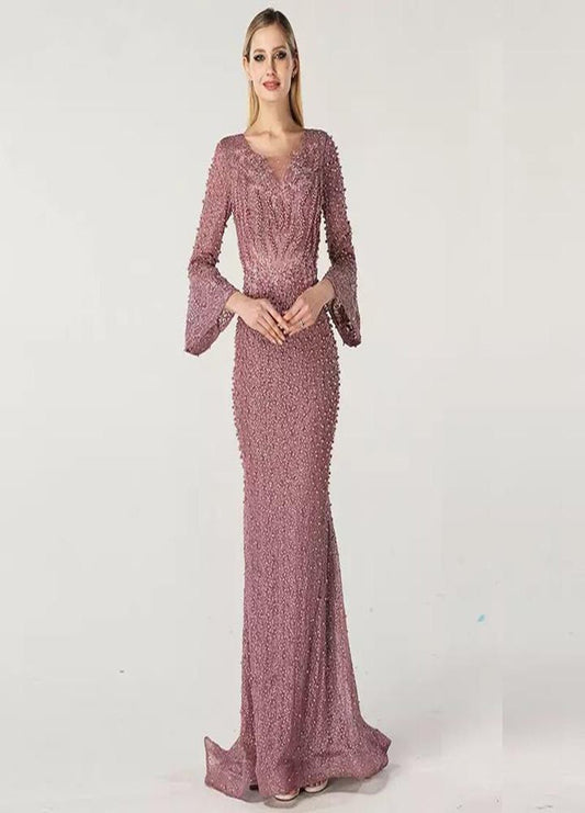 Pink Long Sleeves Pearls Evening Dress - Mscooco.co.uk