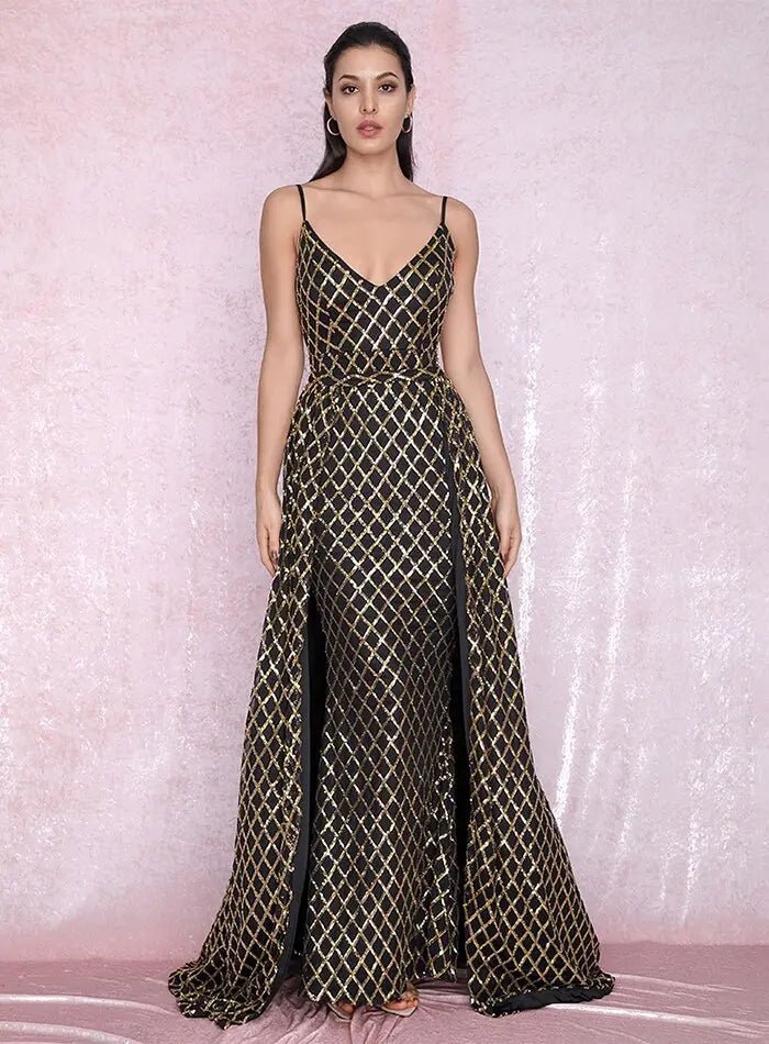 Plaid Sequin Material Two-Pieces Bodycon Party Maxi Dress - Mscooco.co.uk