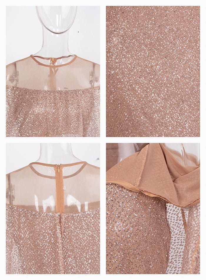 Rose Gold Cloak Style Glitter Glued Material Bodycon Party Maxi Dress - Mscooco.co.uk