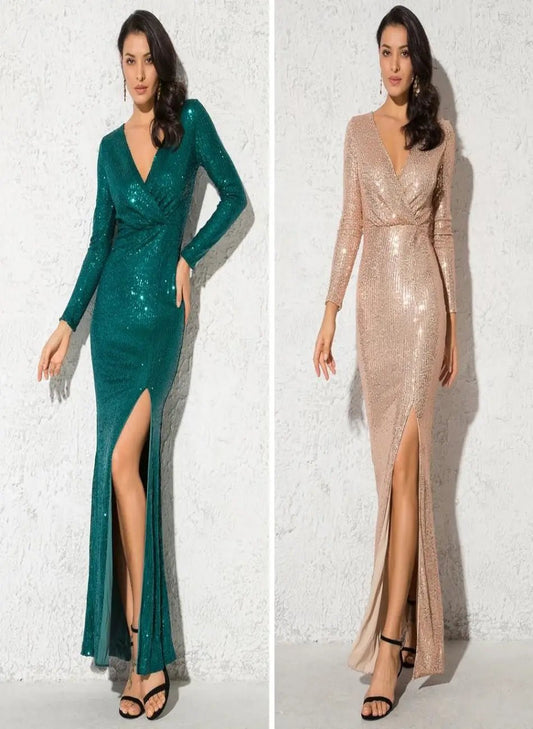 Sequine Long Sleeve Slit Leg Maxi Dress - Mscooco.co.uk