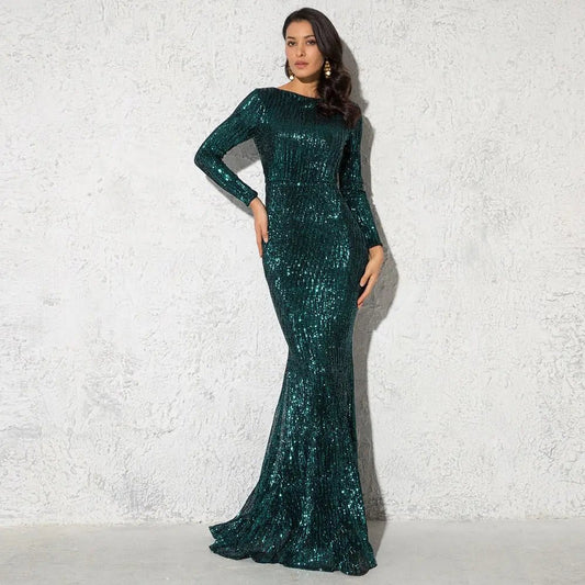 Sequined O Neck Long Sleeve Evening Maxi Dress - Mscooco.co.uk