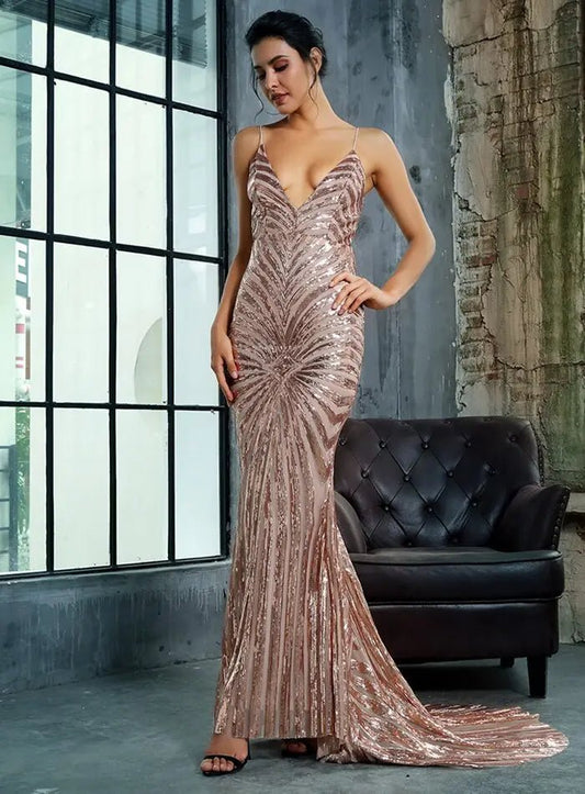 Sexy Deep V Neck Open Back Geometry Sequins Long Dress - Mscooco.co.uk